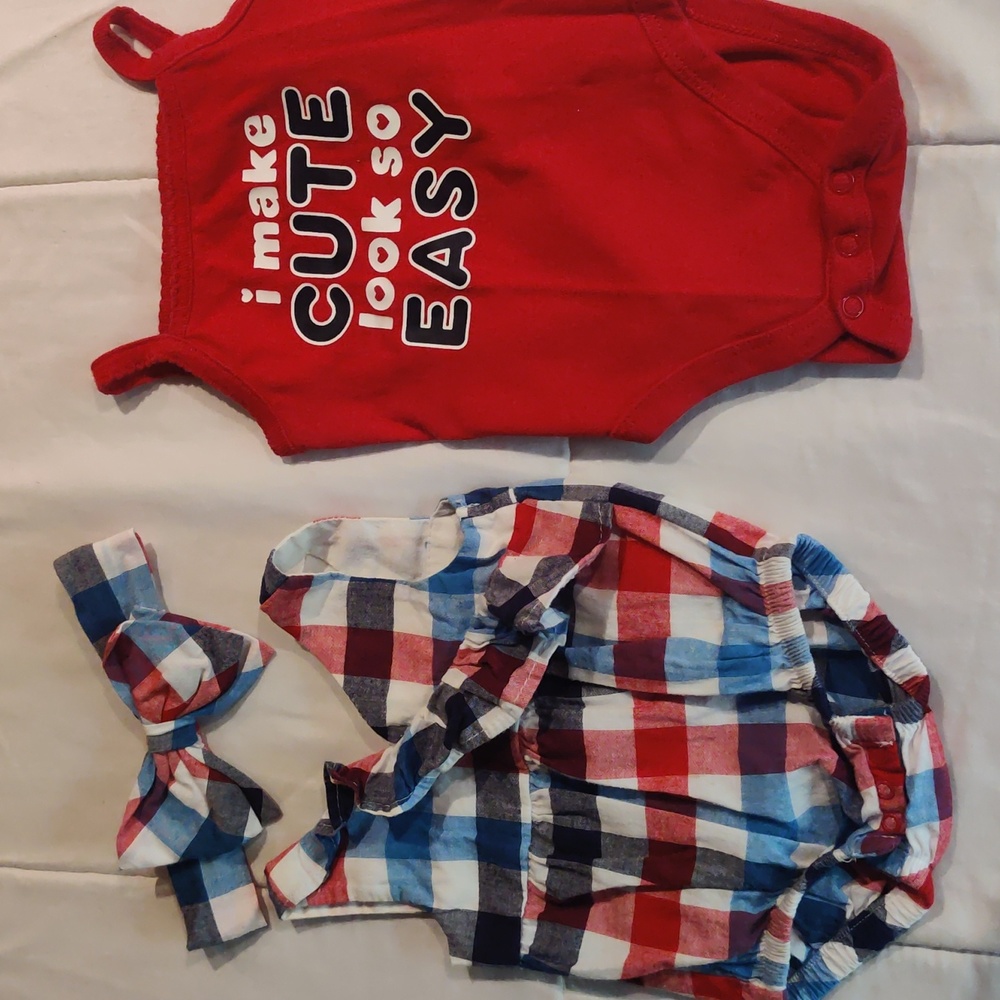 Red white and blue plaid ruffled newborn outfit and free onesie